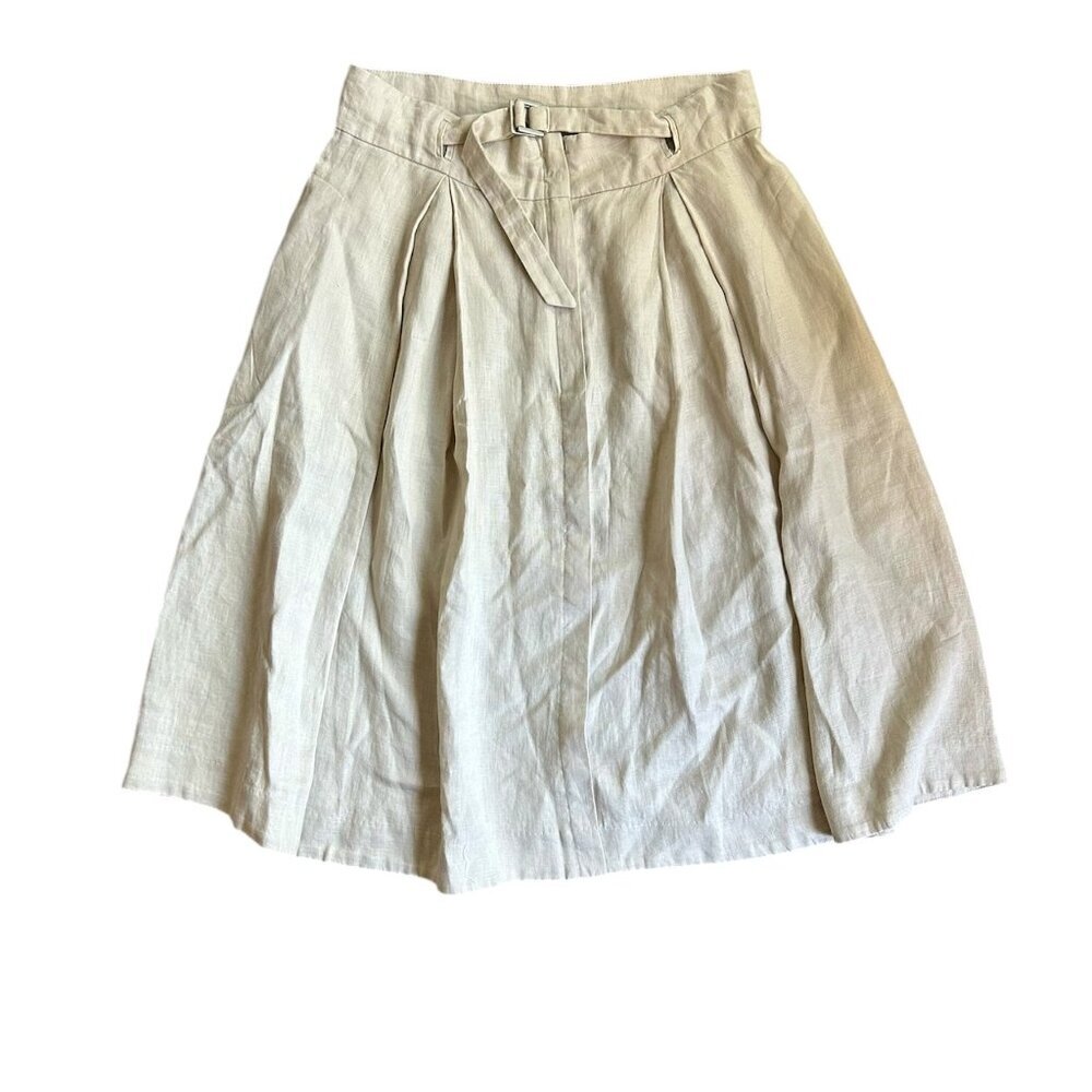 Kenar 100% Linen A-Line Skirt – Natural Beige with Buckle Belt & Pockets US 8